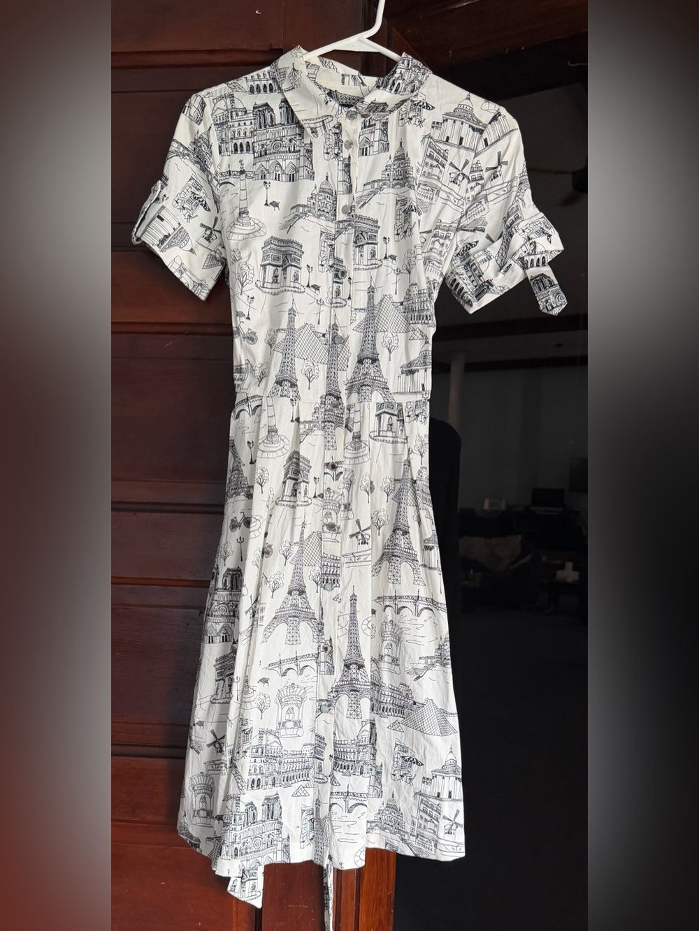 White & Black Paris Print Wrap Button-Front Women’s Dress